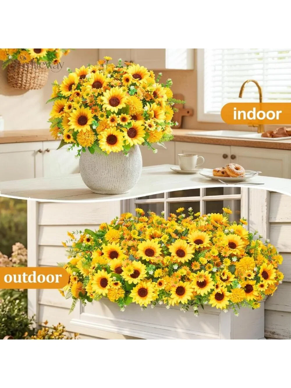8 Bundles of Faux Sunflowers & Mums - Perfect for Fall Outdoor Decor & Planters